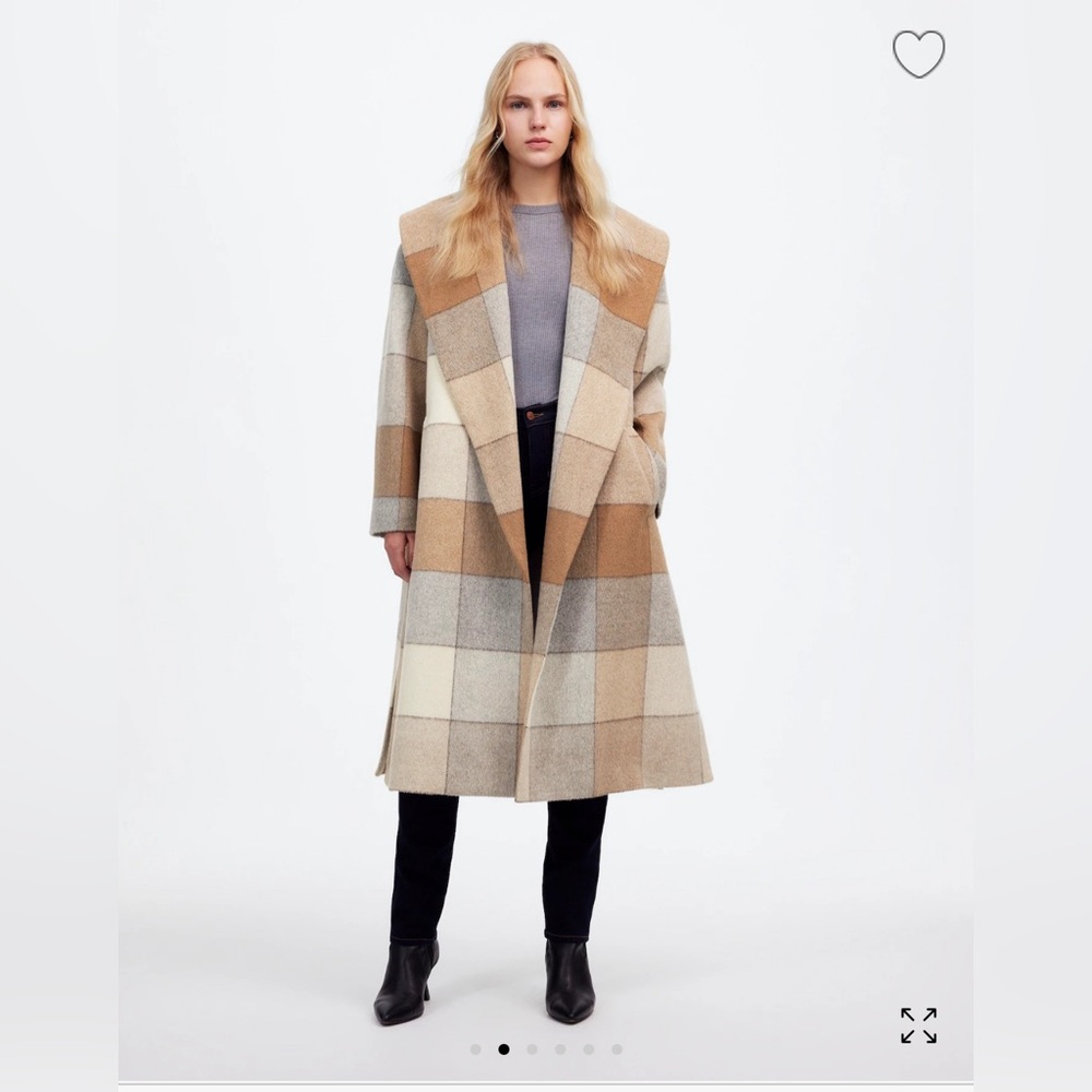 Checked Wool-Blend Long Coat in Neutral Patchwork